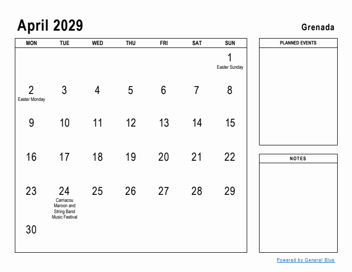 April 2029 Printable Monthly Calendar with Grenada Holidays