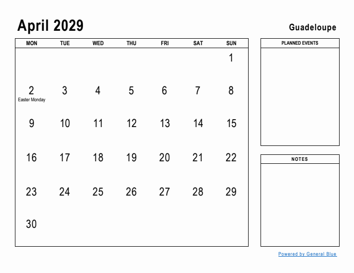 April 2029 Printable Monthly Calendar with Guadeloupe Holidays