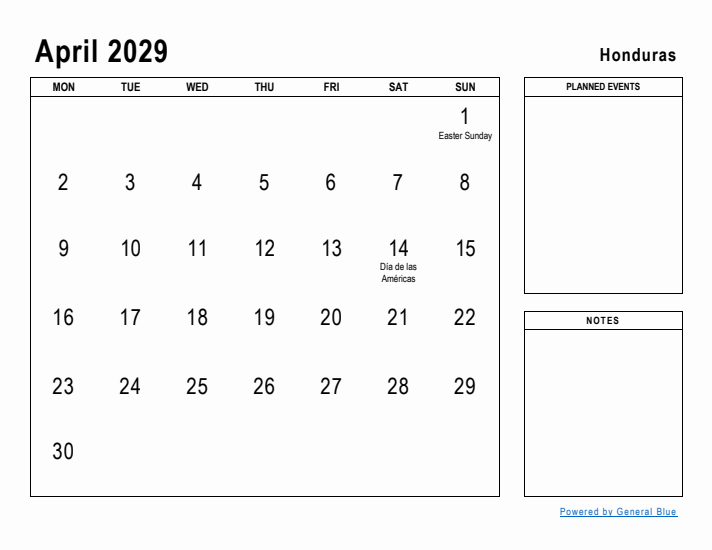 April 2029 Printable Monthly Calendar with Honduras Holidays