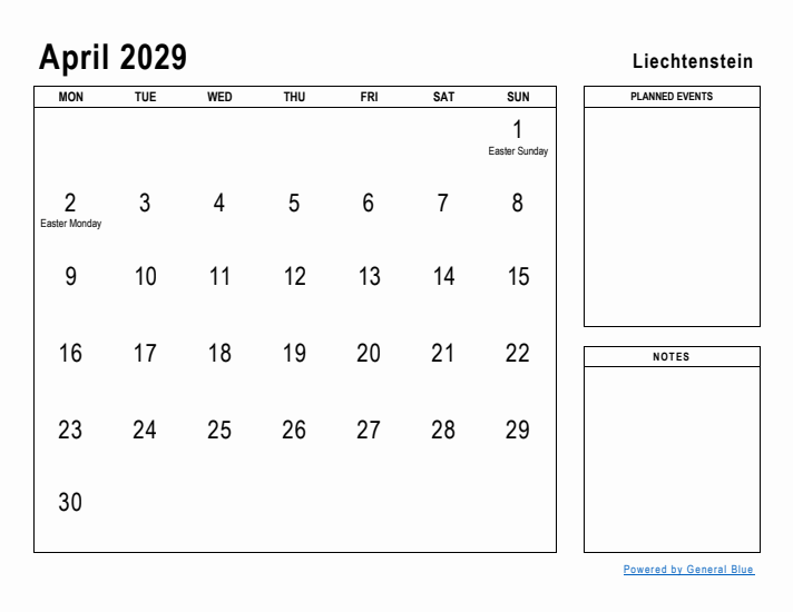 April 2029 Printable Monthly Calendar with Liechtenstein Holidays