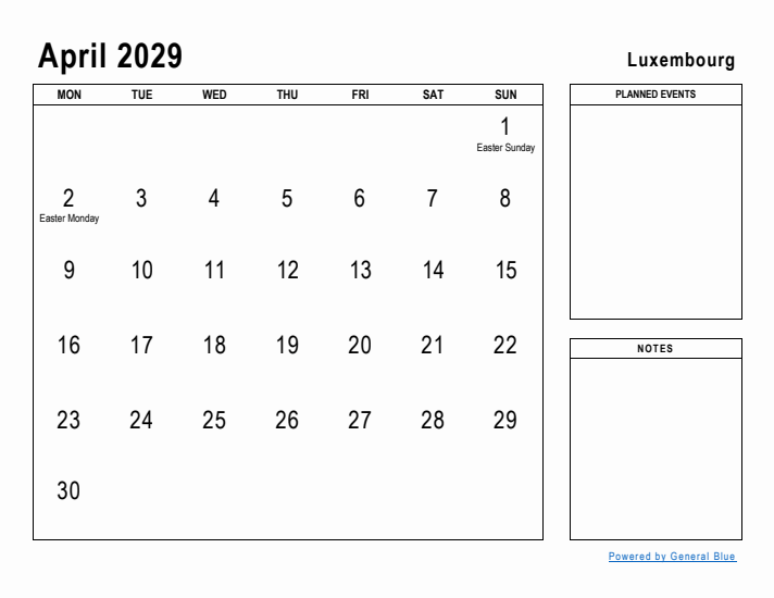 April 2029 Printable Monthly Calendar with Luxembourg Holidays