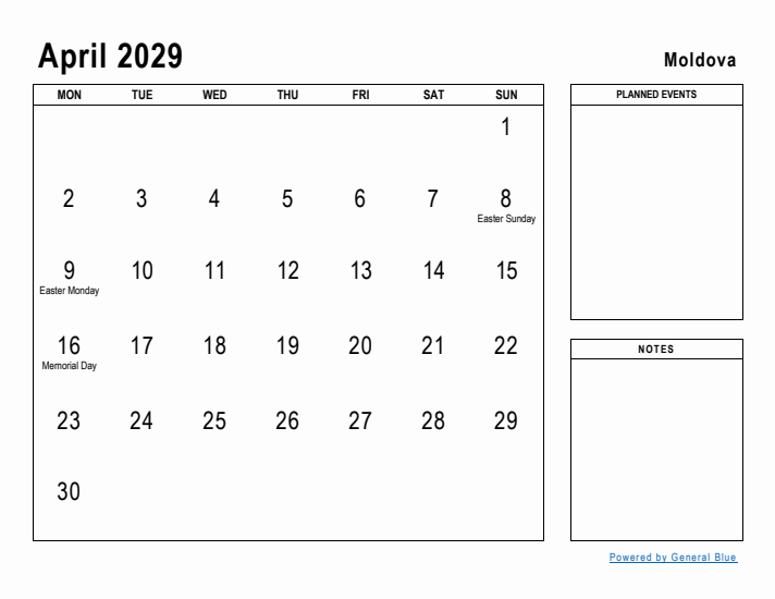 April 2029 Printable Monthly Calendar with Moldova Holidays