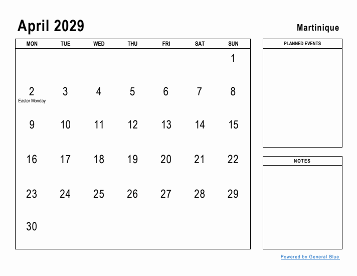 April 2029 Printable Monthly Calendar with Martinique Holidays