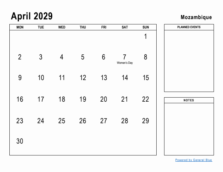 April 2029 Printable Monthly Calendar with Mozambique Holidays