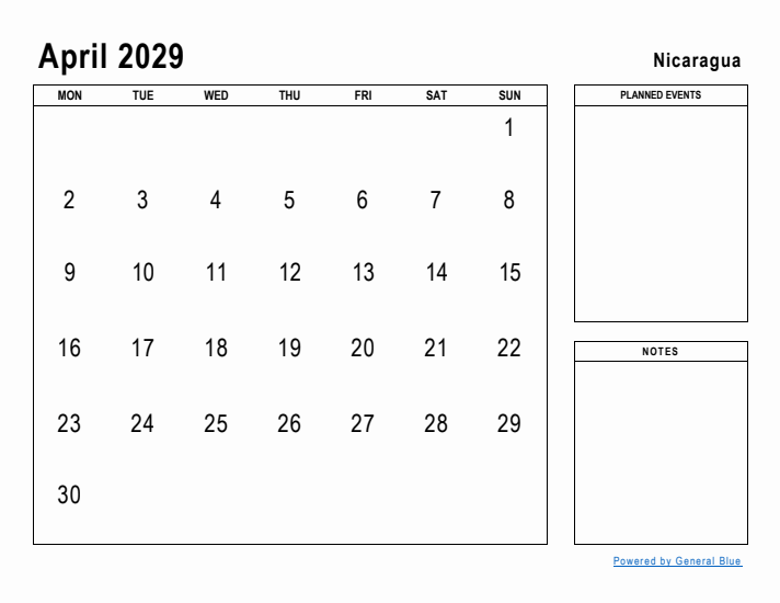 April 2029 Printable Monthly Calendar with Nicaragua Holidays