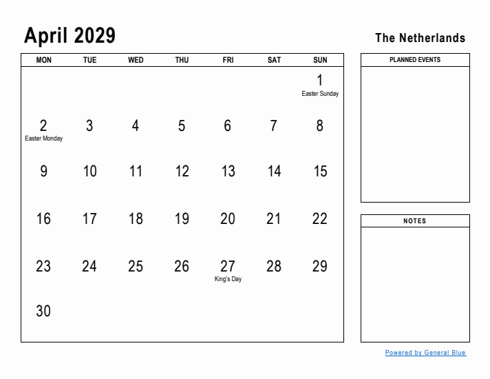 April 2029 Printable Monthly Calendar with The Netherlands Holidays