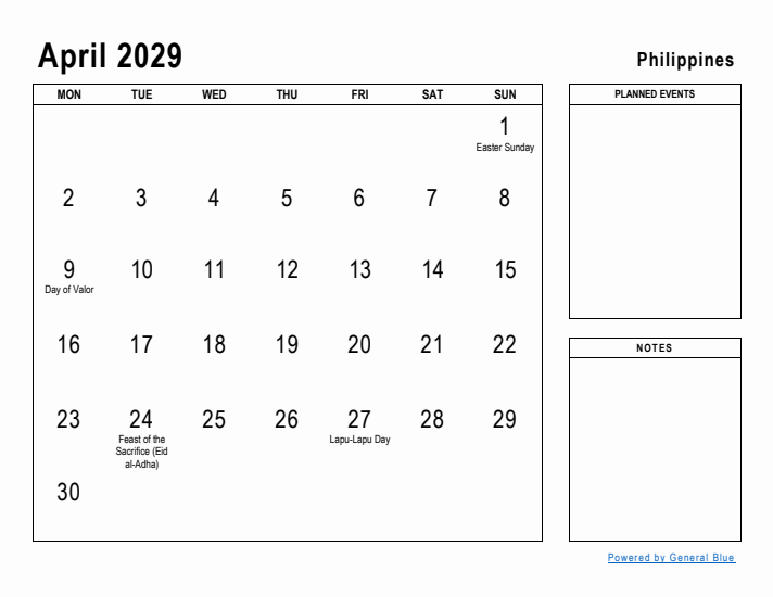 April 2029 Printable Monthly Calendar with Philippines Holidays