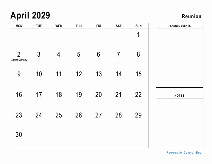 April 2029 Printable Monthly Calendar with Reunion Holidays