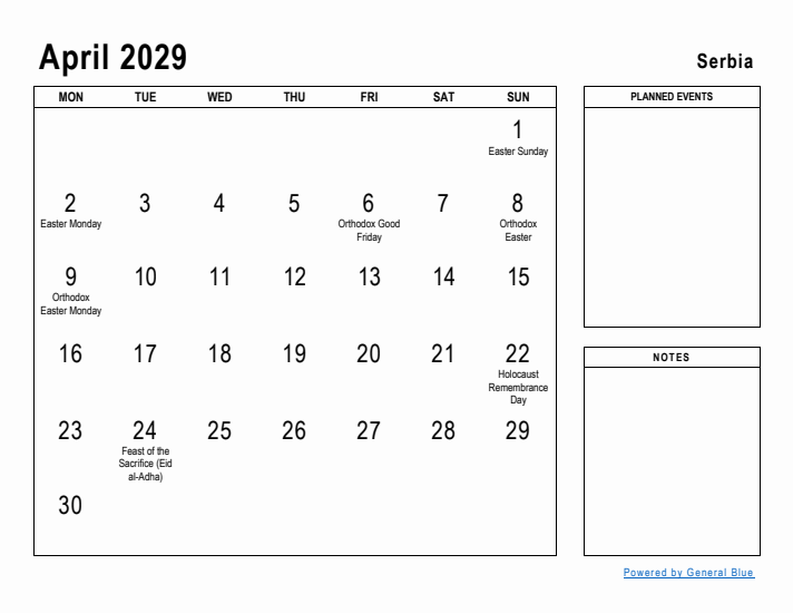 April 2029 Printable Monthly Calendar with Serbia Holidays