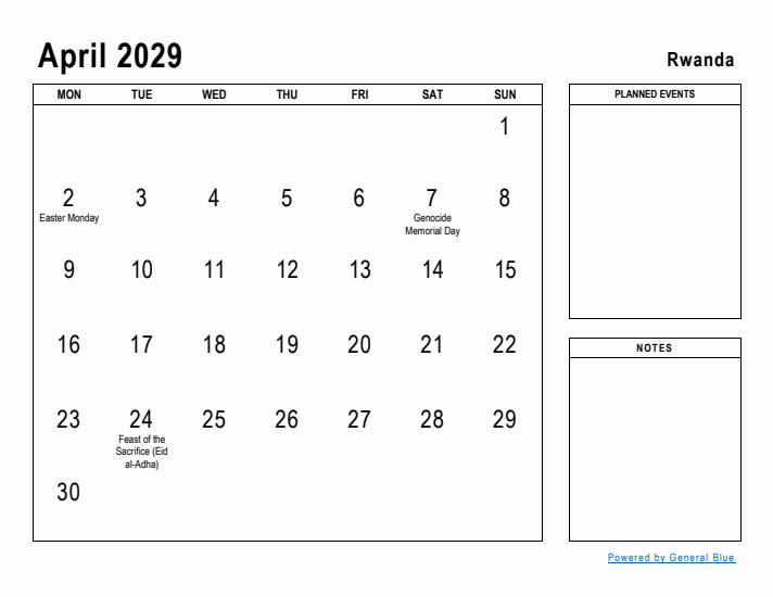 April 2029 Printable Monthly Calendar with Rwanda Holidays