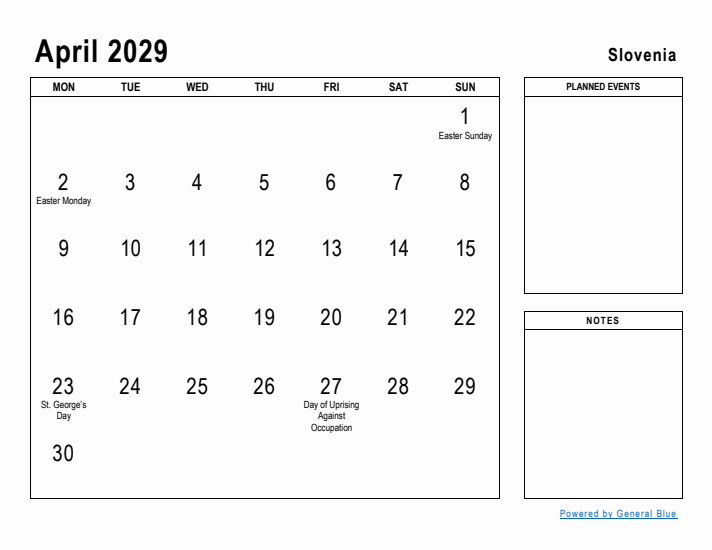 April 2029 Printable Monthly Calendar with Slovenia Holidays