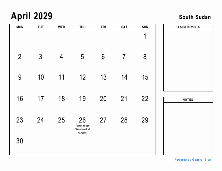 April 2029 Printable Monthly Calendar with South Sudan Holidays