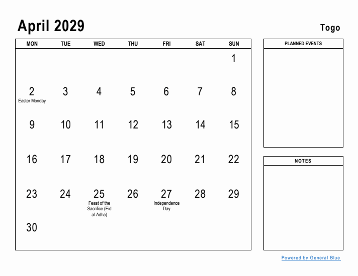 April 2029 Printable Monthly Calendar with Togo Holidays