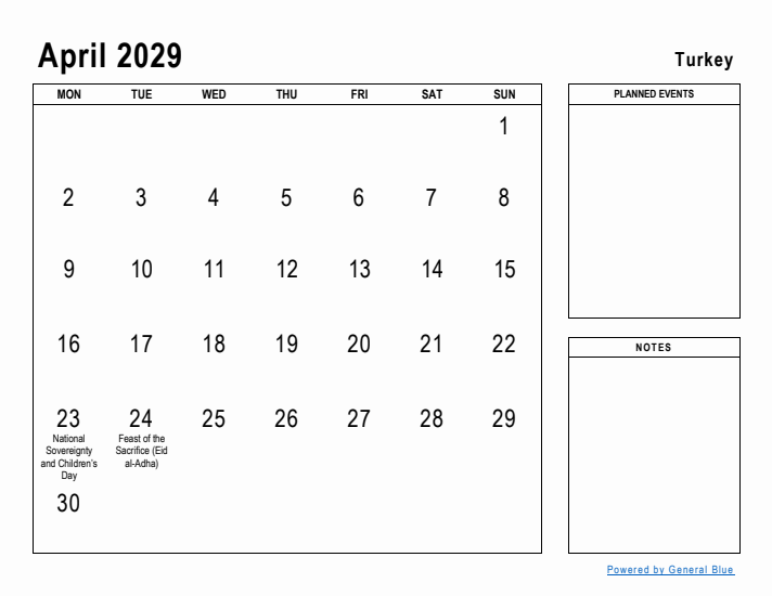 April 2029 Printable Monthly Calendar with Turkey Holidays