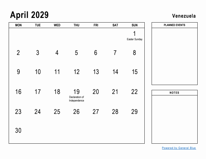 April 2029 Printable Monthly Calendar with Venezuela Holidays