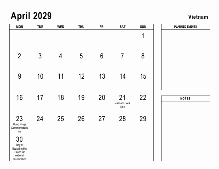 April 2029 Printable Monthly Calendar with Vietnam Holidays