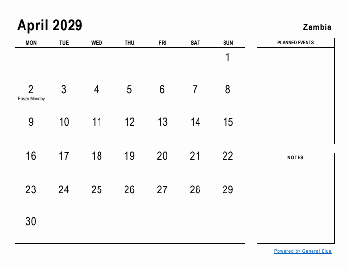 April 2029 Printable Monthly Calendar with Zambia Holidays