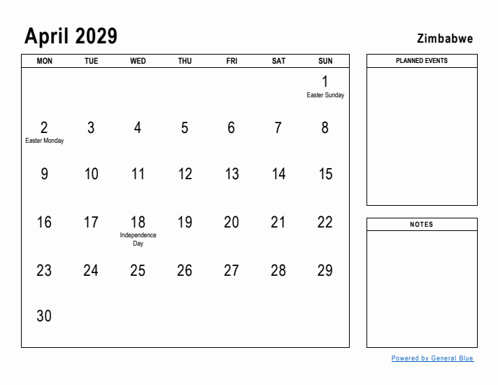 April 2029 Printable Monthly Calendar with Zimbabwe Holidays