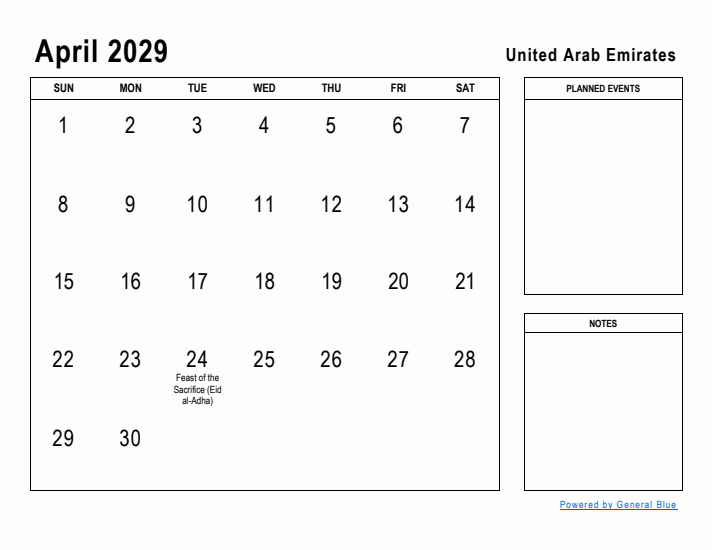 April 2029 Printable Monthly Calendar with United Arab Emirates Holidays