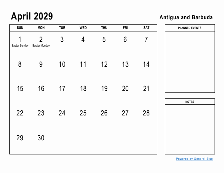 April 2029 Printable Monthly Calendar with Antigua and Barbuda Holidays