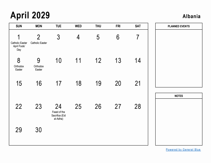 April 2029 Printable Monthly Calendar with Albania Holidays