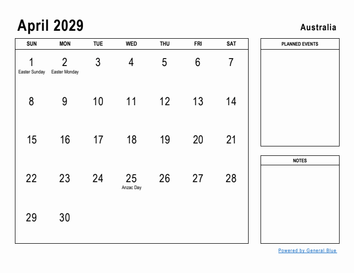 April 2029 Printable Monthly Calendar with Australia Holidays