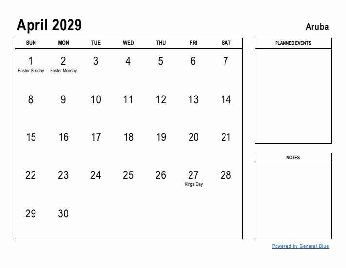 April 2029 Printable Monthly Calendar with Aruba Holidays