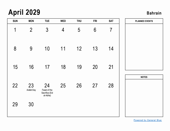 April 2029 Printable Monthly Calendar with Bahrain Holidays