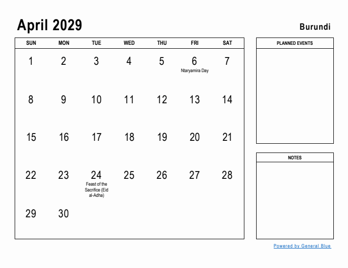 April 2029 Printable Monthly Calendar with Burundi Holidays