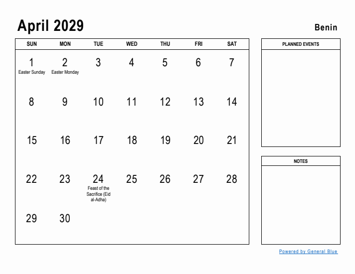 April 2029 Printable Monthly Calendar with Benin Holidays