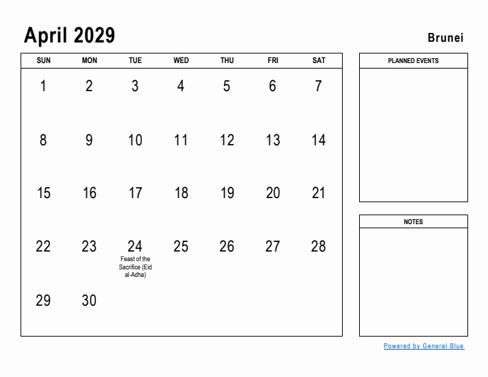 April 2029 Printable Monthly Calendar with Brunei Holidays