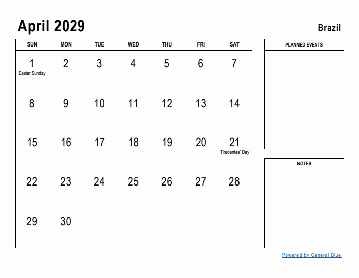 April 2029 Printable Monthly Calendar with Brazil Holidays