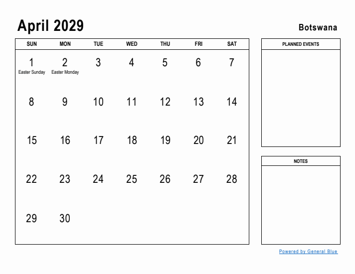 April 2029 Printable Monthly Calendar with Botswana Holidays