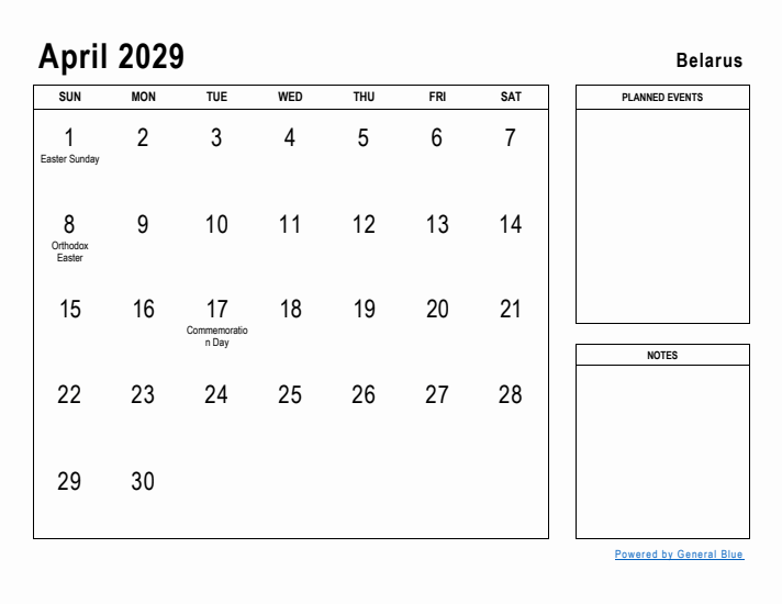 April 2029 Printable Monthly Calendar with Belarus Holidays