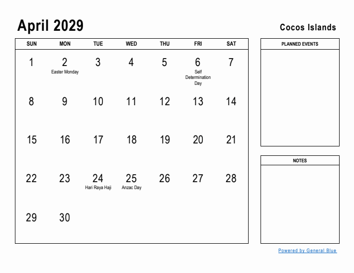 April 2029 Printable Monthly Calendar with Cocos Islands Holidays