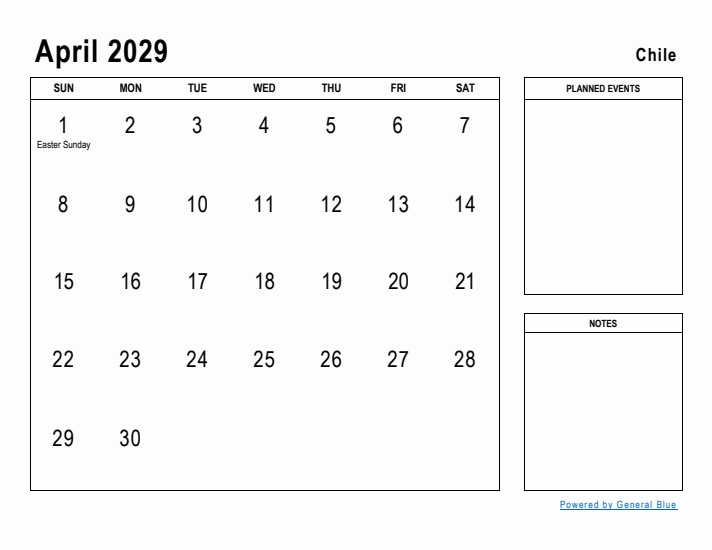 April 2029 Printable Monthly Calendar with Chile Holidays