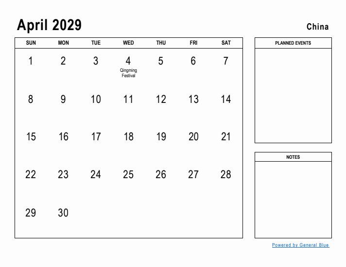 April 2029 Printable Monthly Calendar with China Holidays