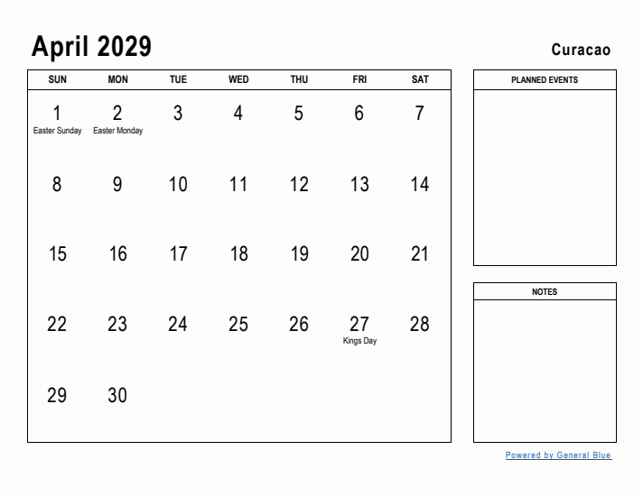 April 2029 Printable Monthly Calendar with Curacao Holidays