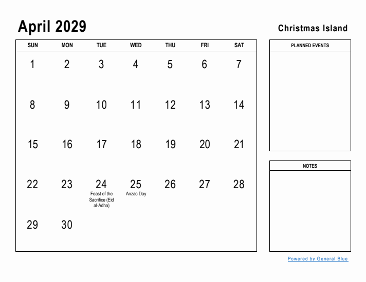 April 2029 Printable Monthly Calendar with Christmas Island Holidays