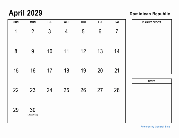 April 2029 Printable Monthly Calendar with Dominican Republic Holidays