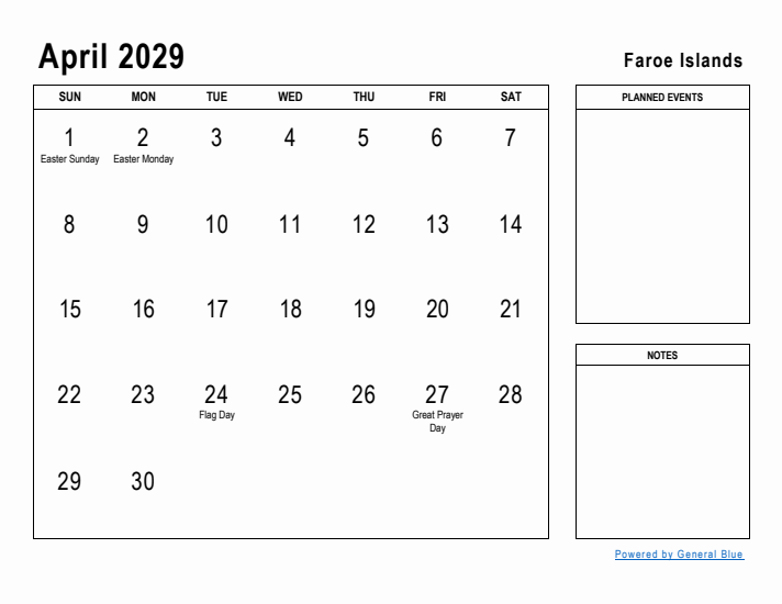 April 2029 Printable Monthly Calendar with Faroe Islands Holidays