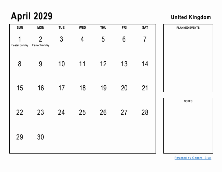 April 2029 Printable Monthly Calendar with United Kingdom Holidays