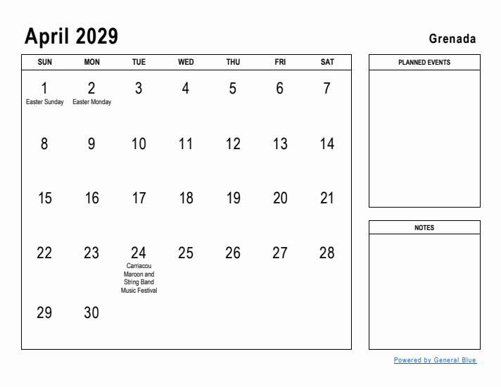 April 2029 Printable Monthly Calendar with Grenada Holidays