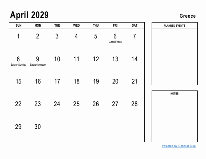 April 2029 Printable Monthly Calendar with Greece Holidays