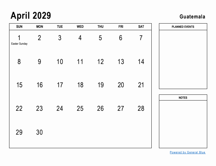 April 2029 Printable Monthly Calendar with Guatemala Holidays