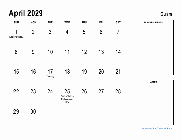 April 2029 Printable Monthly Calendar with Guam Holidays