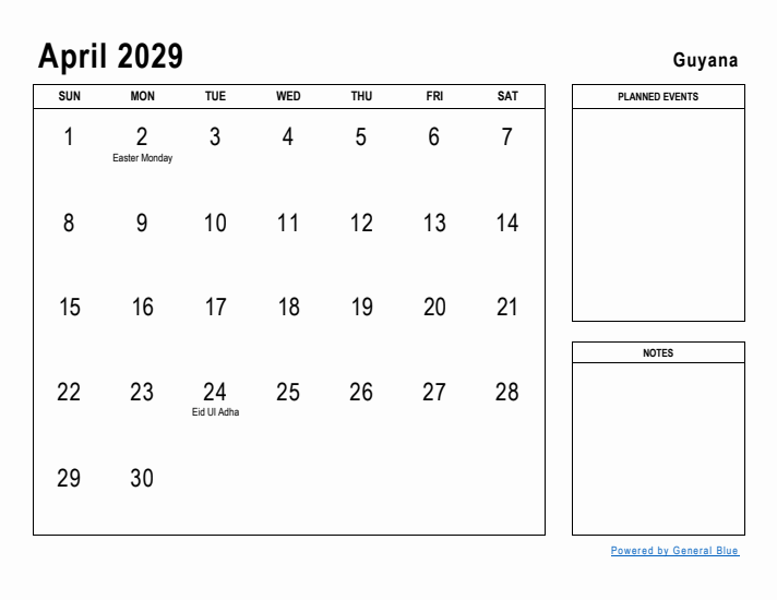 April 2029 Printable Monthly Calendar with Guyana Holidays