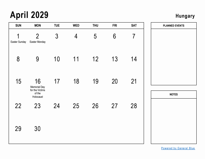 April 2029 Printable Monthly Calendar with Hungary Holidays