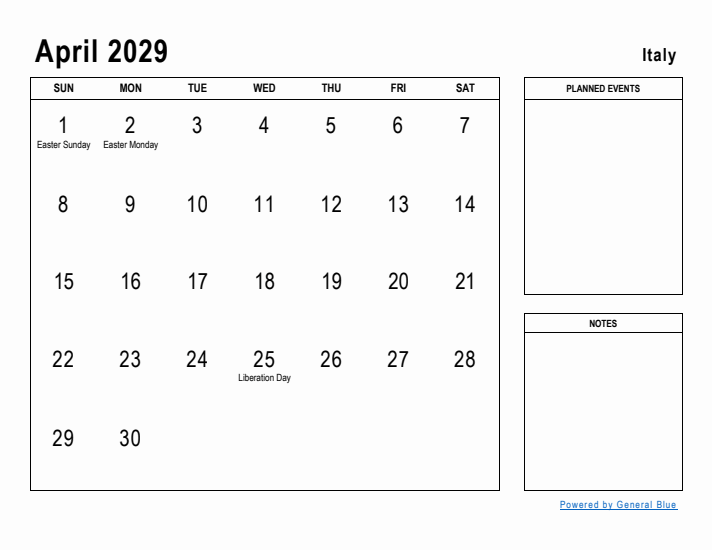 April 2029 Printable Monthly Calendar with Italy Holidays