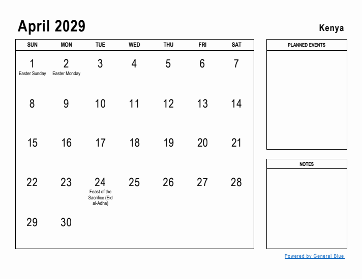 April 2029 Printable Monthly Calendar with Kenya Holidays